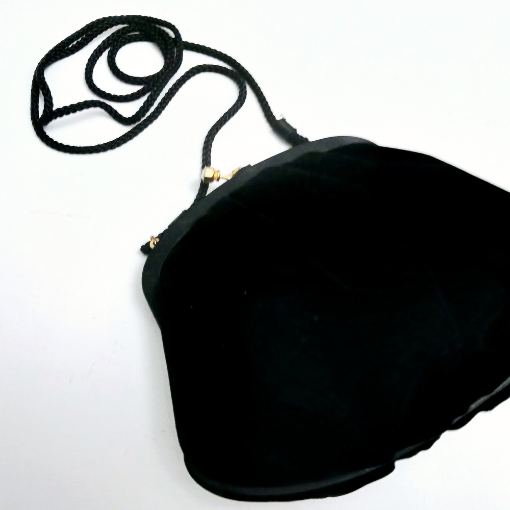 New Elegant Black Velvet With Brass Rhinestones Clip Evening Bag, Talbots, Mint